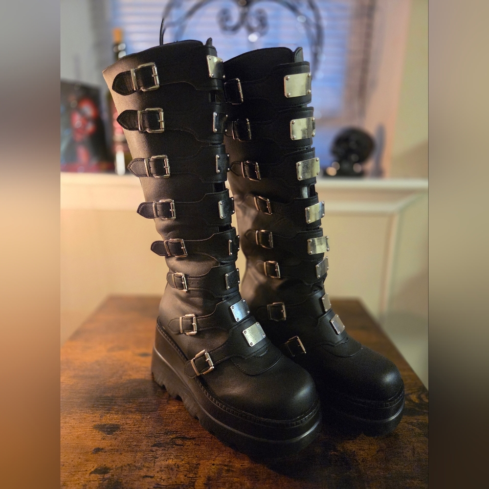 Black Buckle Platform Demonia Boots